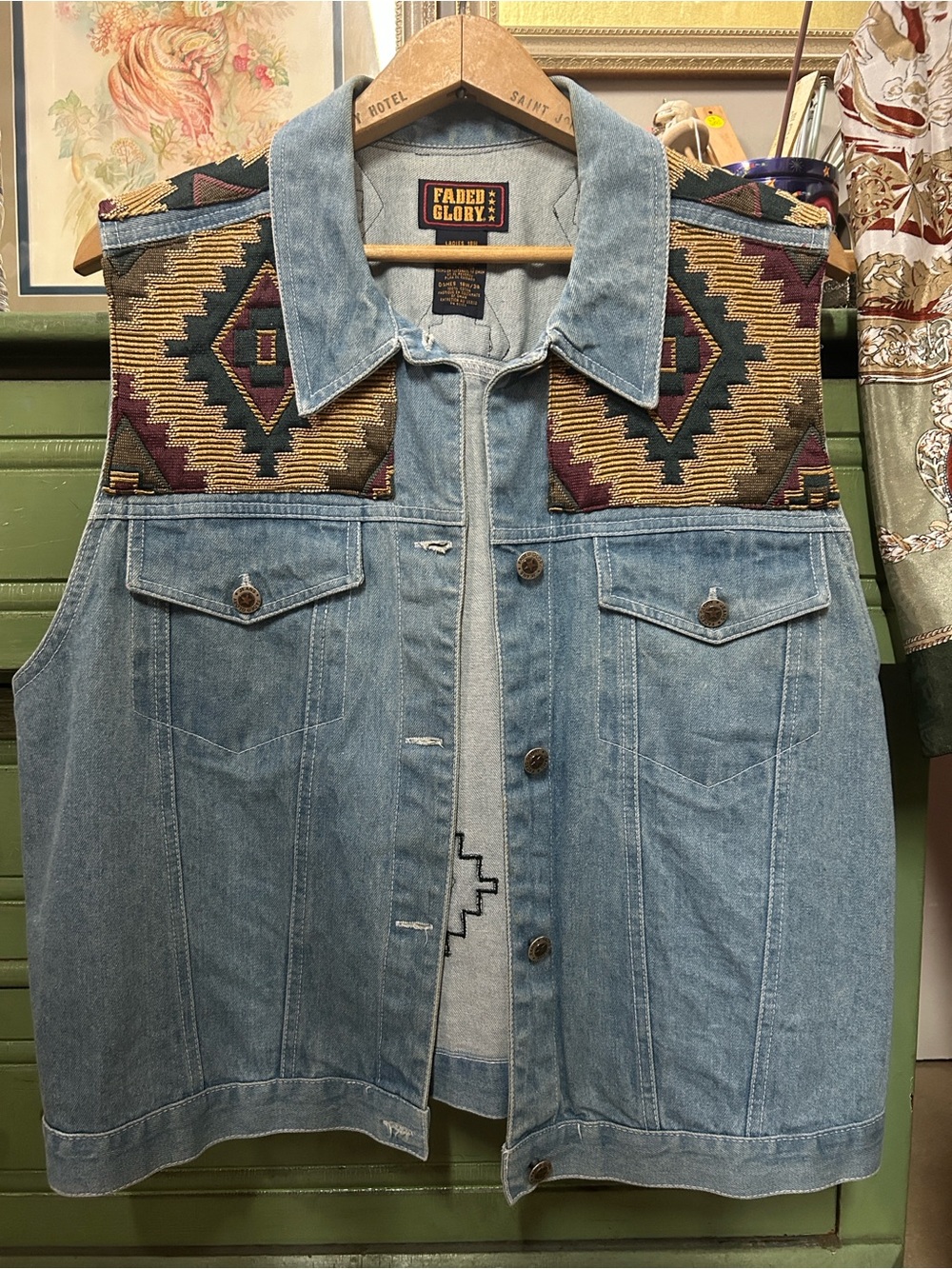 Vintage Faded Glory Western Patch Jean Vest